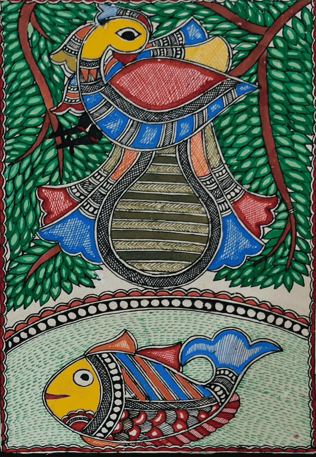 Peacock and fish in Madhubani By Ambika Devi Thumbnail