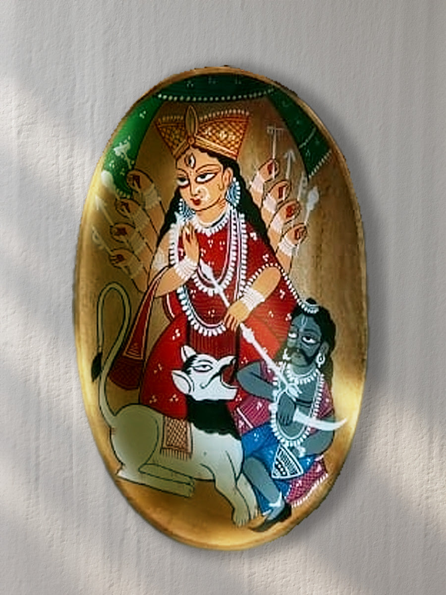 A glimpse of Maa Durga's chief elements in Kalighat Plate art by Hasir Chitrakar for Sale