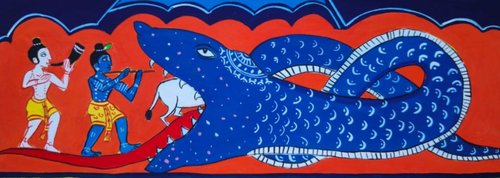 Aghasura Vadha Lila: Lord Krishna and Balarama in Manuscript Painting by Sujit Das Thumbnail