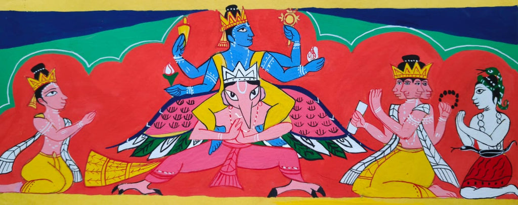 Lord Vishnu on Garuda (Mount) with Lord Brahma, Shesha and Narada in Manuscript Painting by Sujit Das Thumbnail