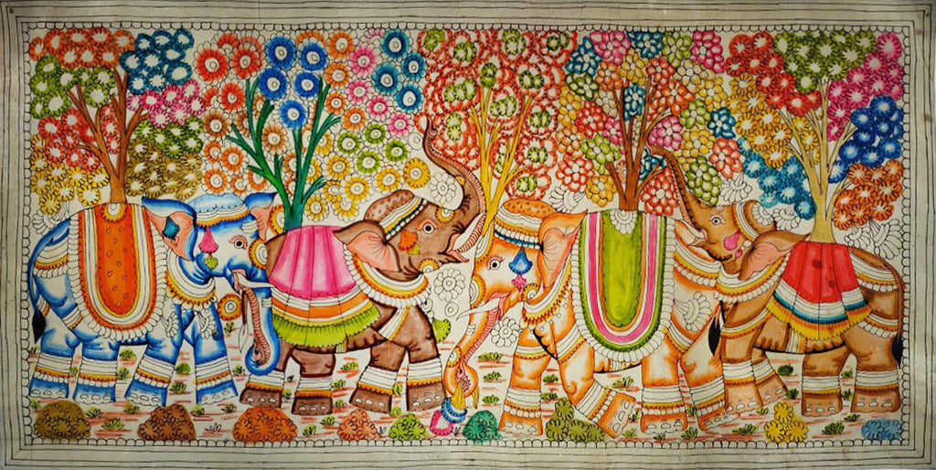 Procession of Royal Elephants Amidst Nature in Tholu Bommalata by Sindhe Siva Thumbnail
