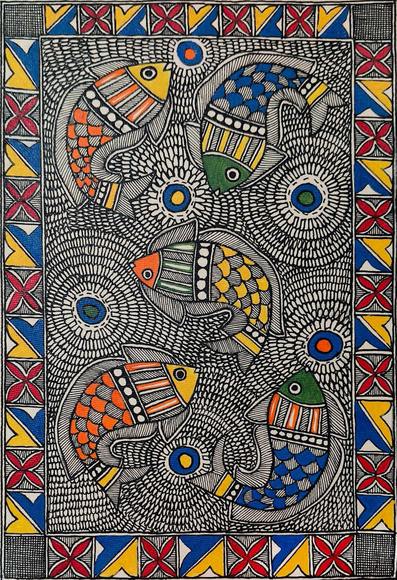 Swirling Fishes in Madhubani by Ambika Devi Thumbnail