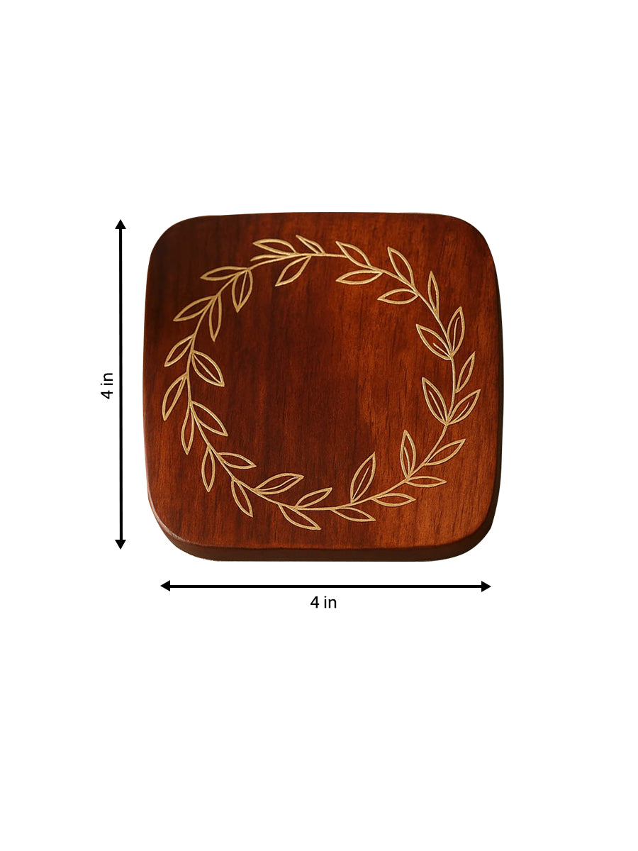 Taarkashi Inlay: Brass-Wired Wreath Coasters in Sheesham Wood (set of 5) by Gaurav Shakya Thumbnail