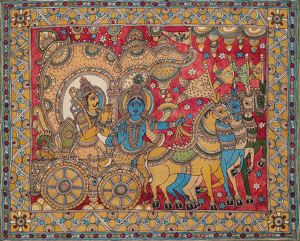 The Divine Chariot: Lord Krishna and Arjuna in Kalamkari by Mannasamudram Viswanath Reddy Thumbnail