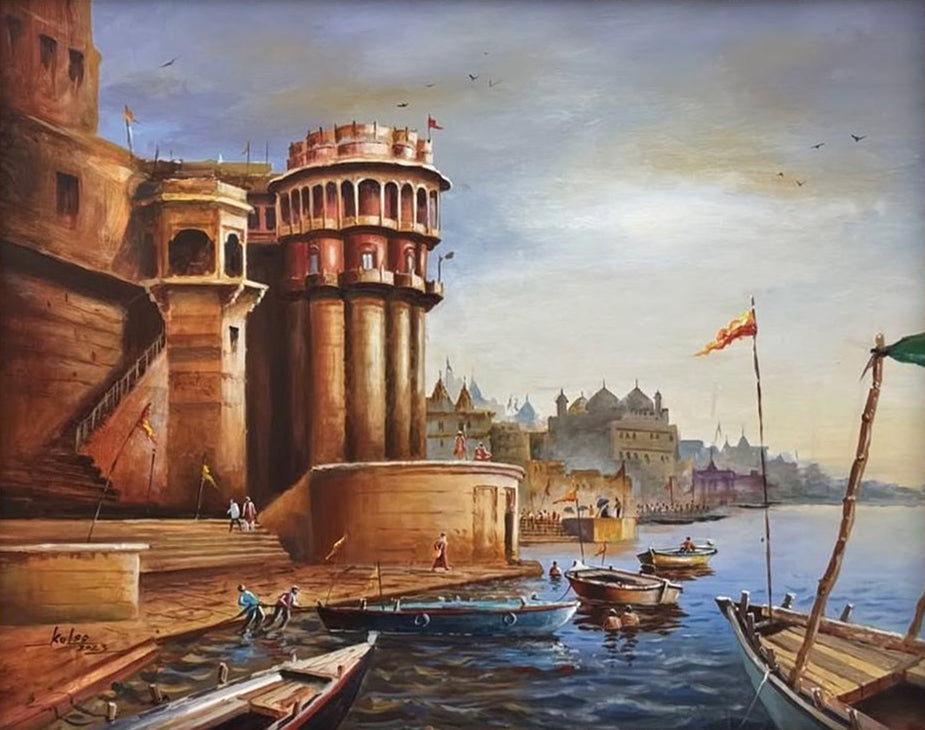 The Spiritual Journey: Banaras Ghat in Acrylic painting by Kulwinder Singh Thumbnail