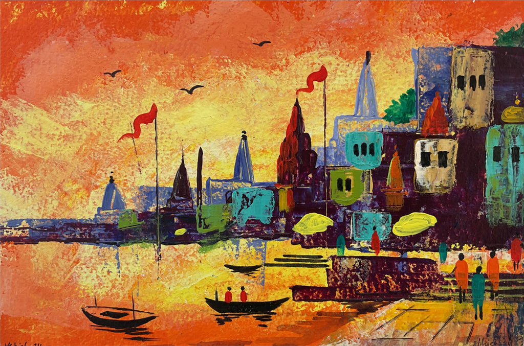 Varanasi Ghat in Acrylic painting by Ashish Kumar Mishra Thumbnail