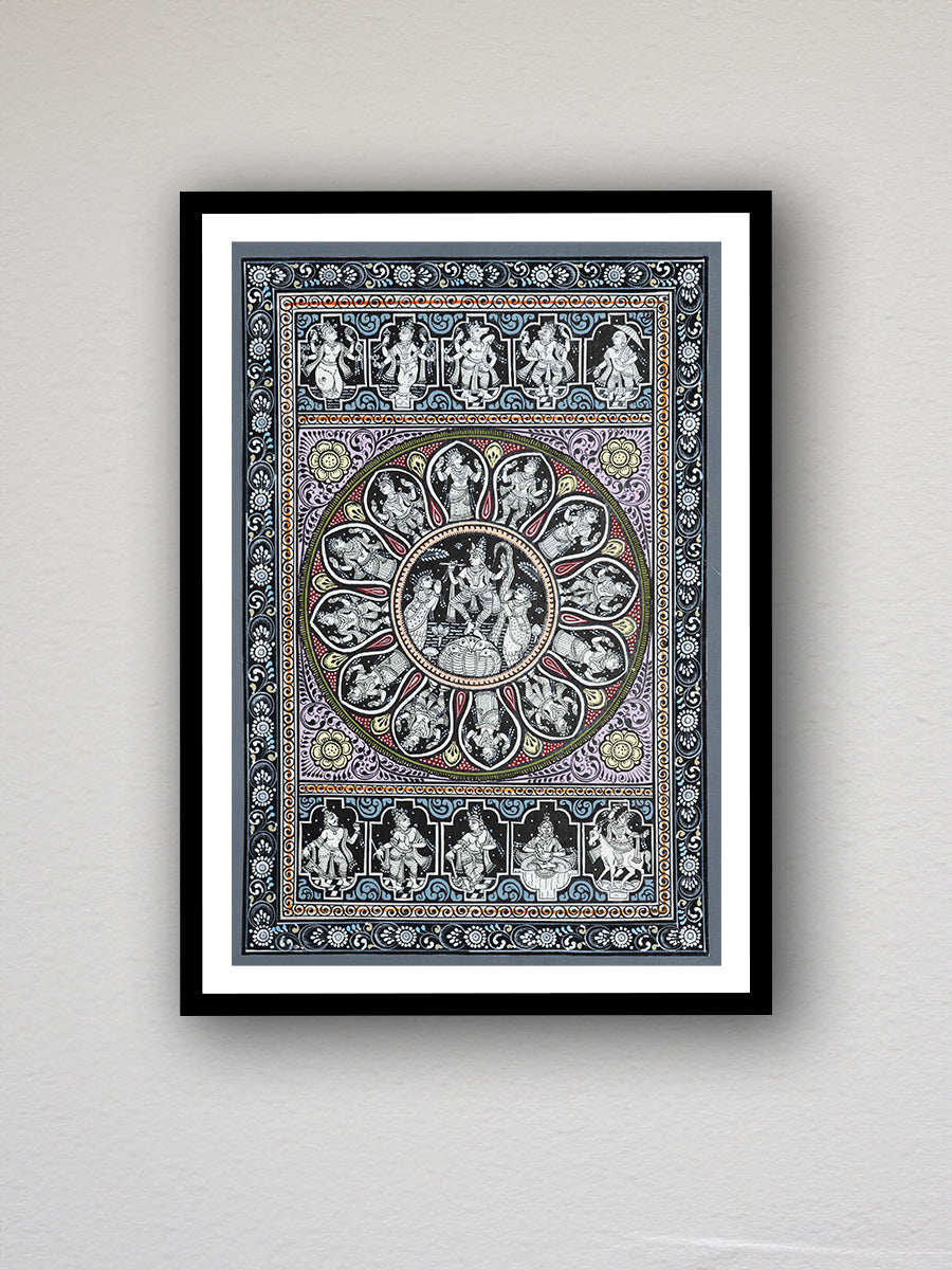 Cosmic Transformations: The Divine Blessings of Lord Krishna Pattachitra Painting on a canvas by Apindra Swain  for sale