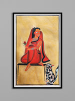 The Woman and the Cat: Kalighat painting by Uttam Chitrakar for Sale