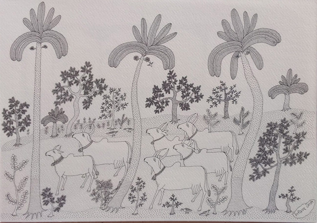 Villege Cattle in Jogi Art by Govind Bhai Bharthri Thumbnail
