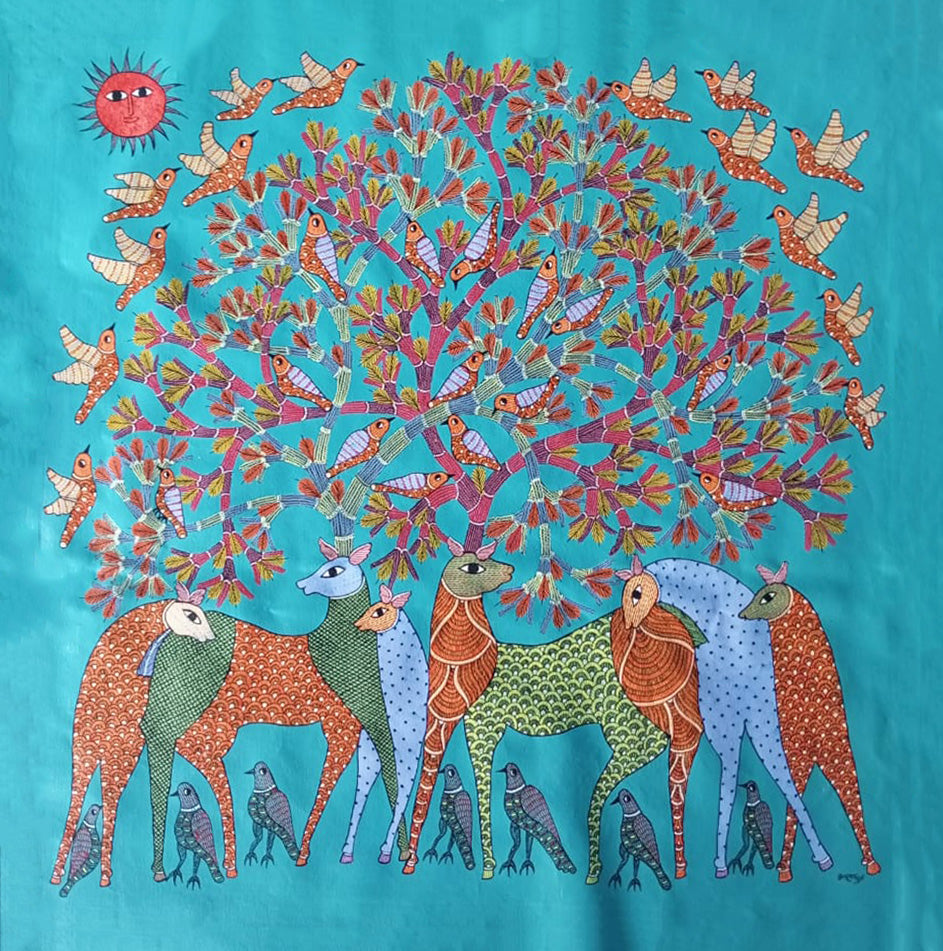 Deers and Birds in Gond by Braj Bhooshan Dhurwey Thumbnail