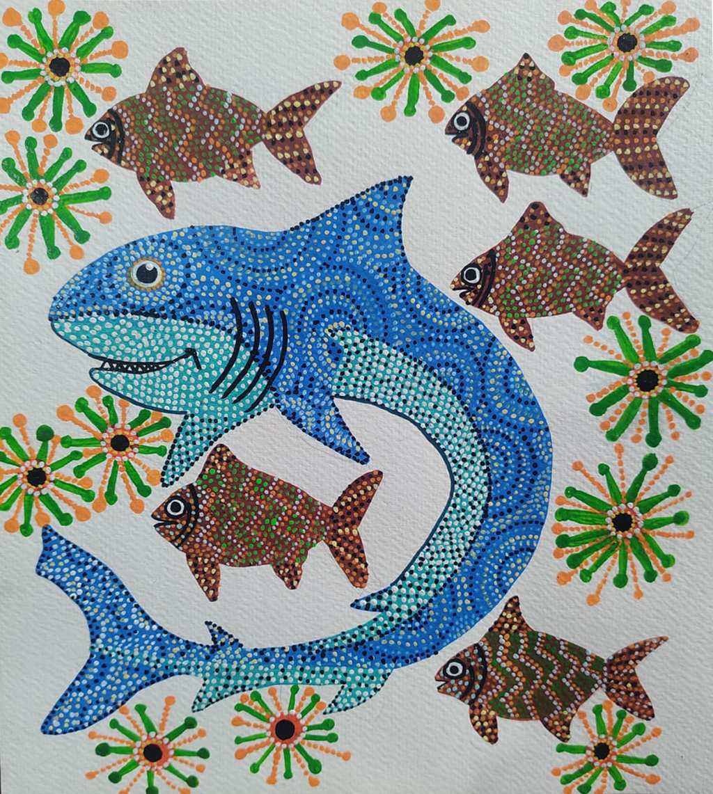 The Aquatic Tales: Shark and Fish in Bhil Painting by Shersingh Bhabor Thumbnail