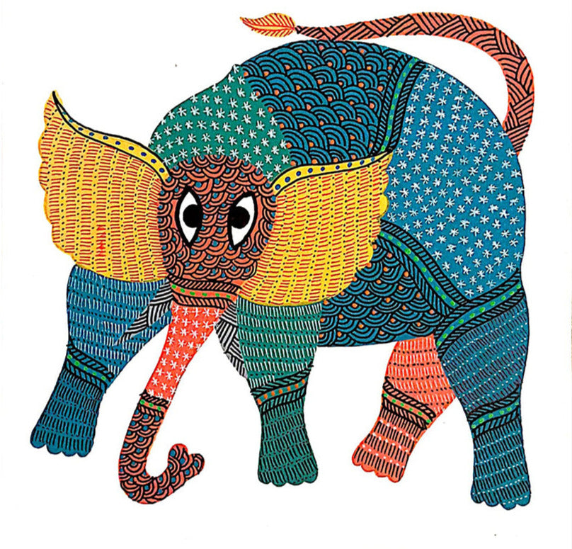 A Kaleidoscope of Colors in Gond's Winged Elephant Gond Painting by Kailash Pradhan Thumbnail