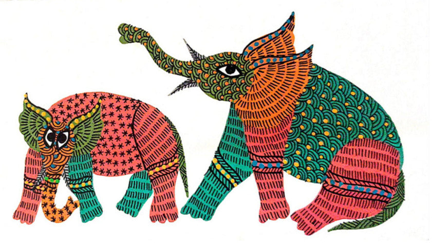 A Meeting of Majesty: Two Elephants in Vivid Splendor Gond Painting by Kailash Pradhan Thumbnail