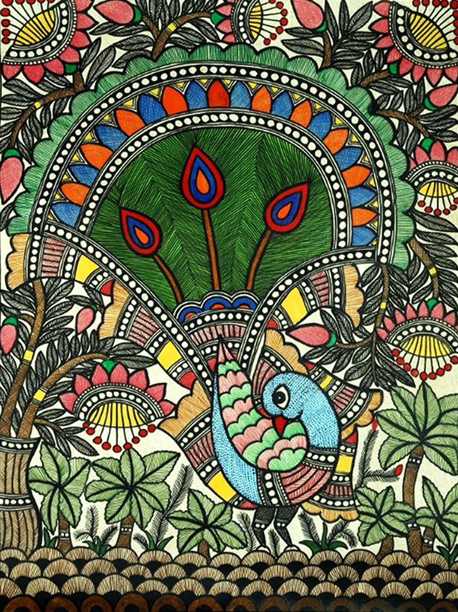 Dancing Peacock Madhubani Painting by Ambika Devi Thumbnail