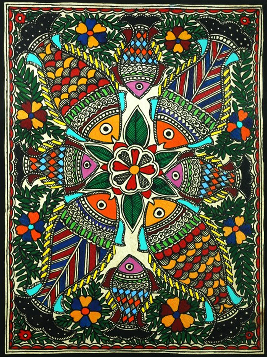 Fishes in Communion Madhubani Painting by Ambika Devi Thumbnail