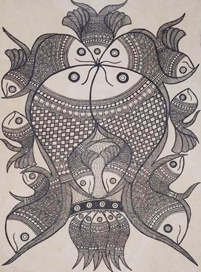 Fishes in Madhubani Painting by Ambika Devi Thumbnail