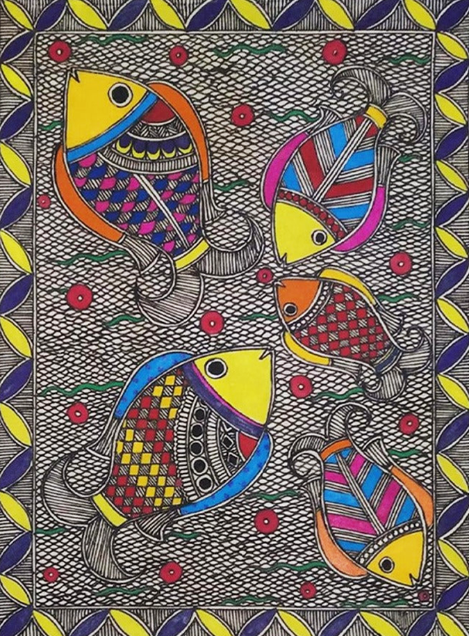 Fishes Madhubani Painting by Ambika Devi Thumbnail