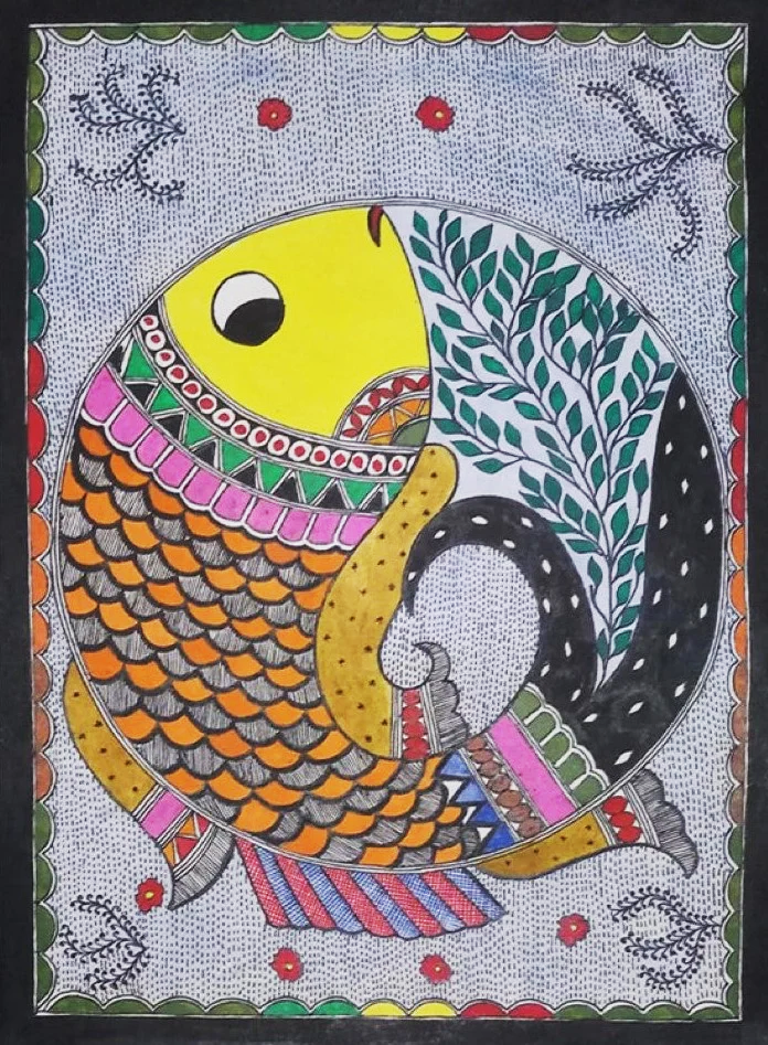 Fish and harmony Madhubani Painting by Ambika Devi Thumbnail