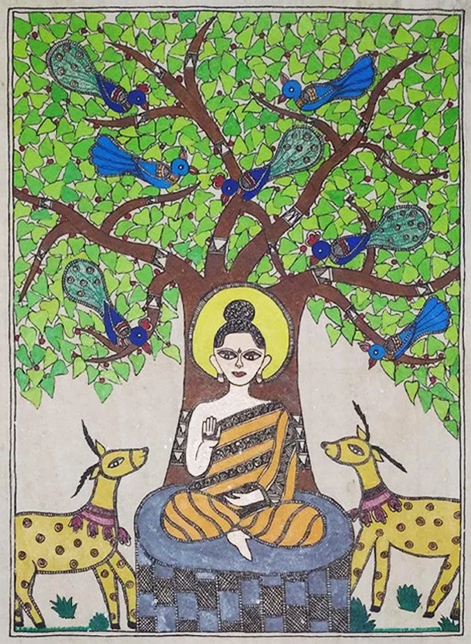Buddha under Bodhi Tree in Madhubani Painting By Ambika Devi Thumbnail