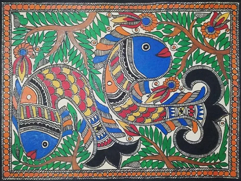 Fishes in Nature Madhubani Painting By Ambika Devi Thumbnail
