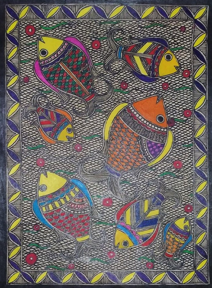 Fishes in Aquatic Symphony: Ambika Devi's Madhubani Artwork Thumbnail