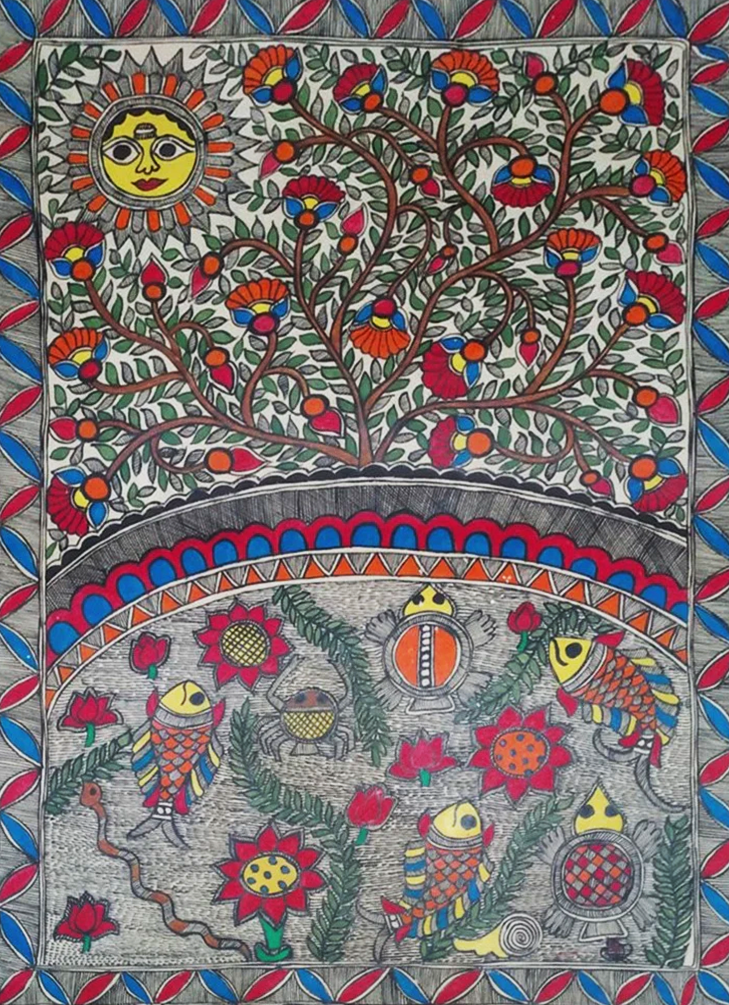 Harmonious Nature Madhubani painting by Ambika Devi Thumbnail