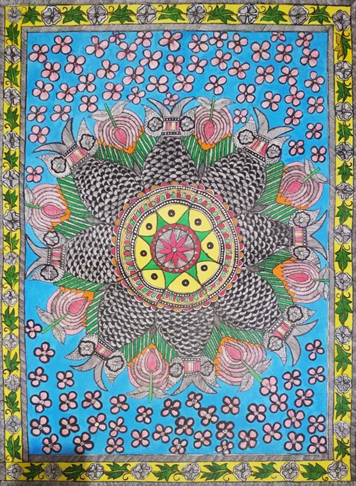 Circle of Fishes Madhubani painting by Ambika Devi Thumbnail