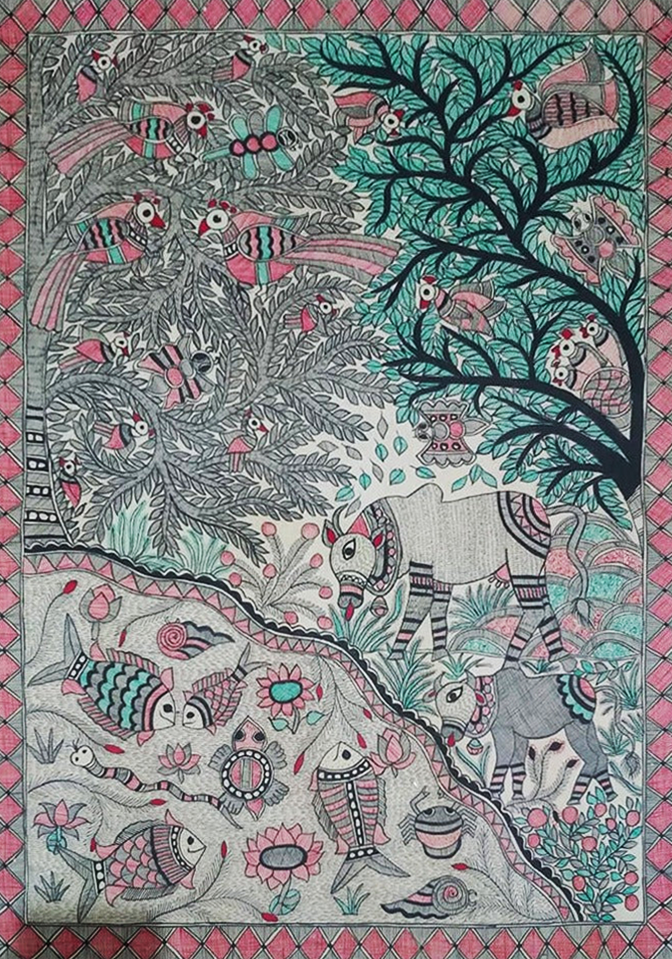 Harmonious Nature Madhubani painting by Ambika Devi Thumbnail
