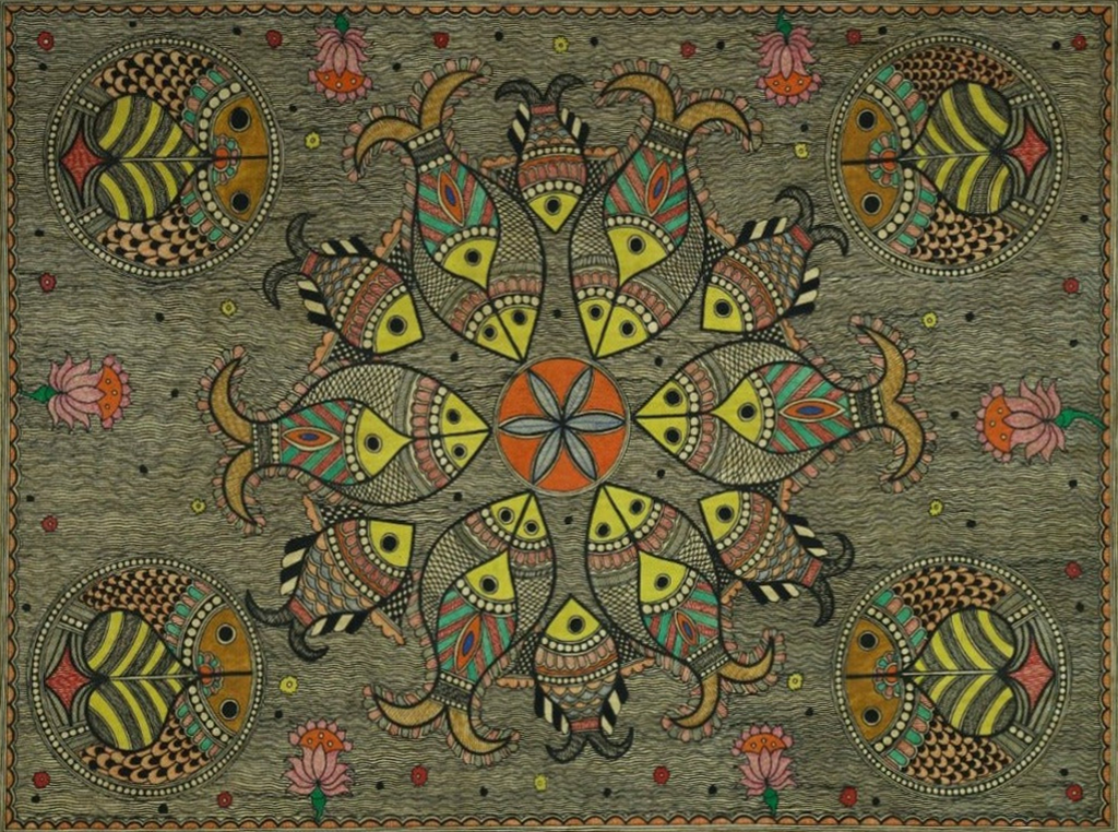 The Fish Communion Madhubani Painting by Ambika Devi Thumbnail