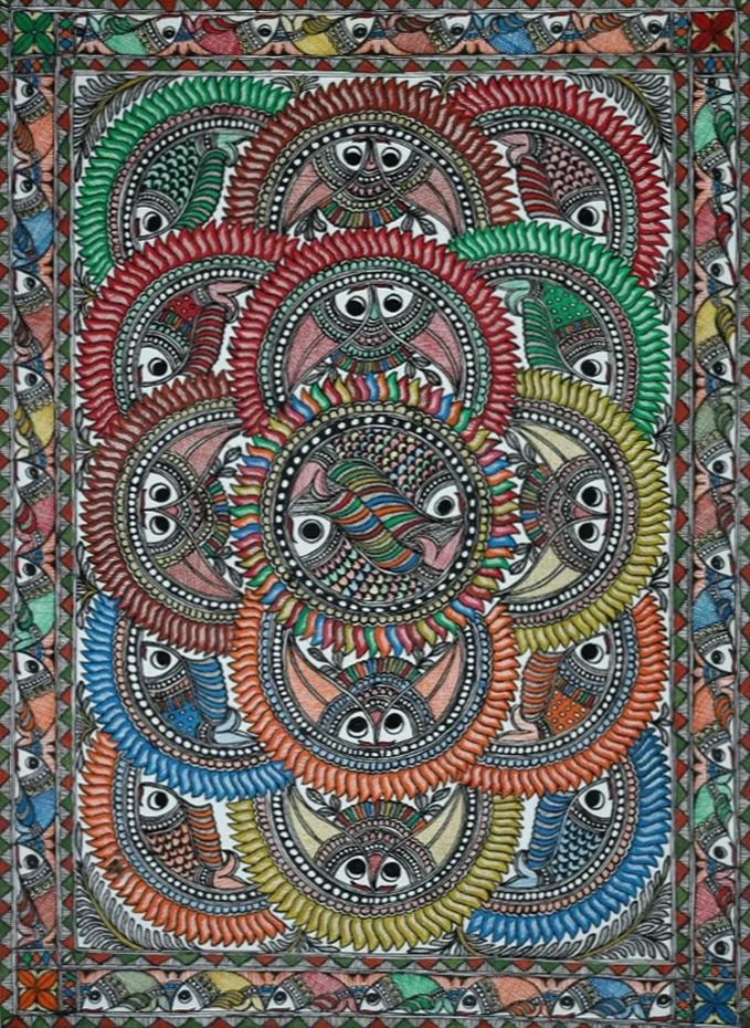 Arcs of Fishes Madhubani Painting by Ambika Devi Thumbnail