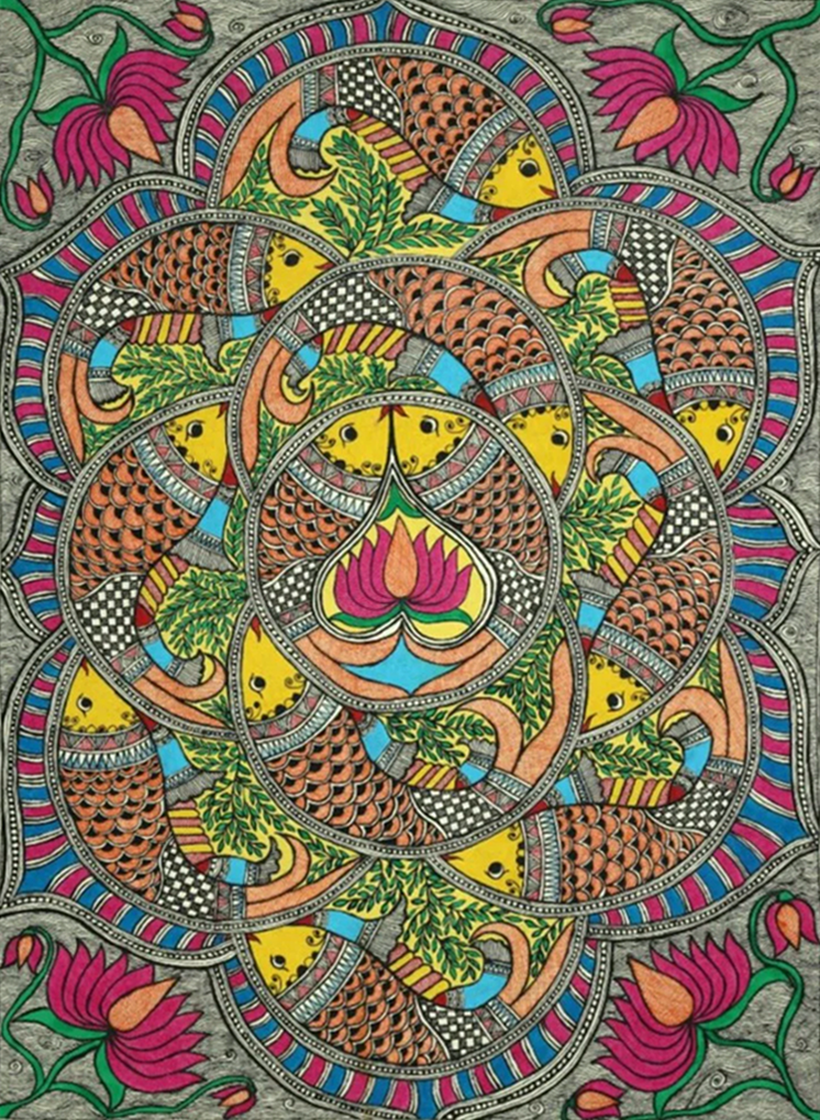 Fishes in a Pond Madhubani Painting by Ambika Devi Thumbnail