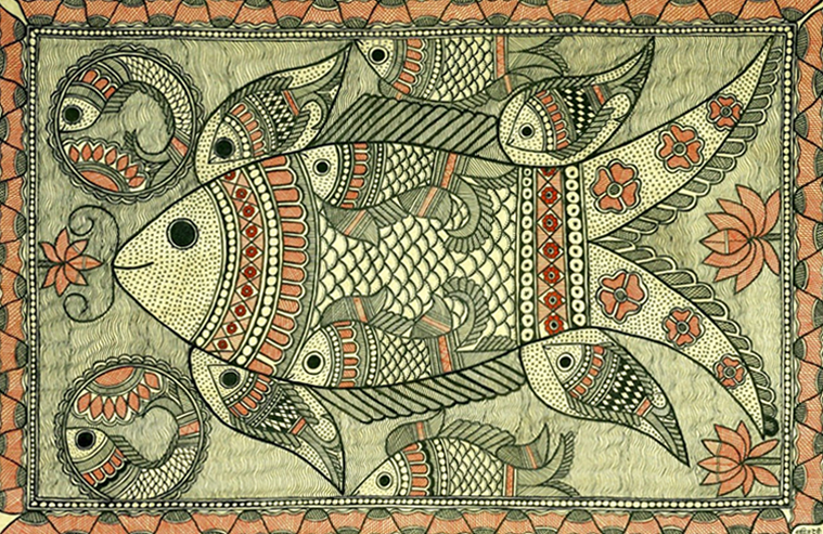 Follow the Fish Madhubani Painting by Ambika Devi Thumbnail