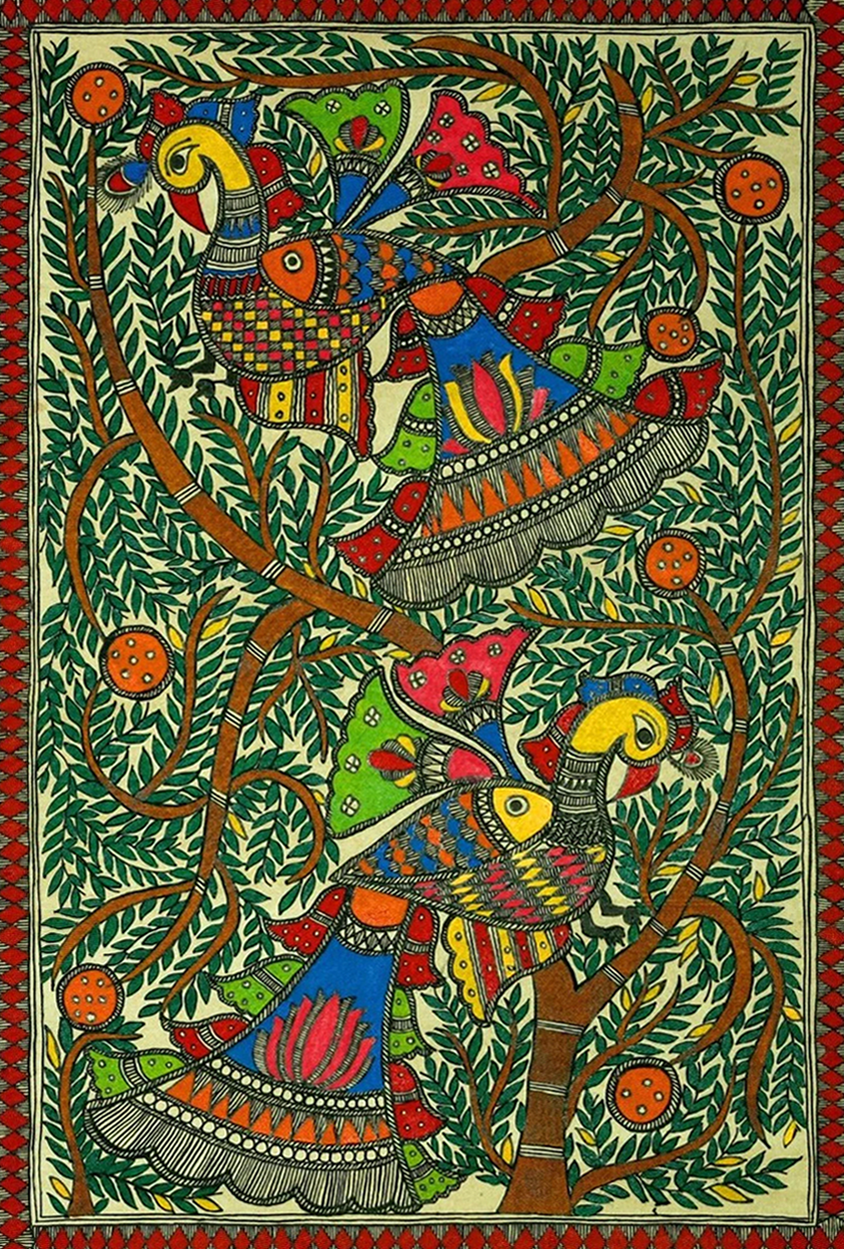 Climbing Peacocks Madhubani Painting by Ambika Devi Thumbnail