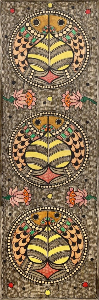 Fishes in the Pond Madhubani Painting by Ambika Devi Thumbnail