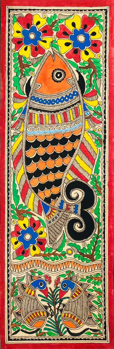 Abundance Unveiled: Majestic Fish and Blooming Petals Madhubani Painting by Ambika Devi Thumbnail