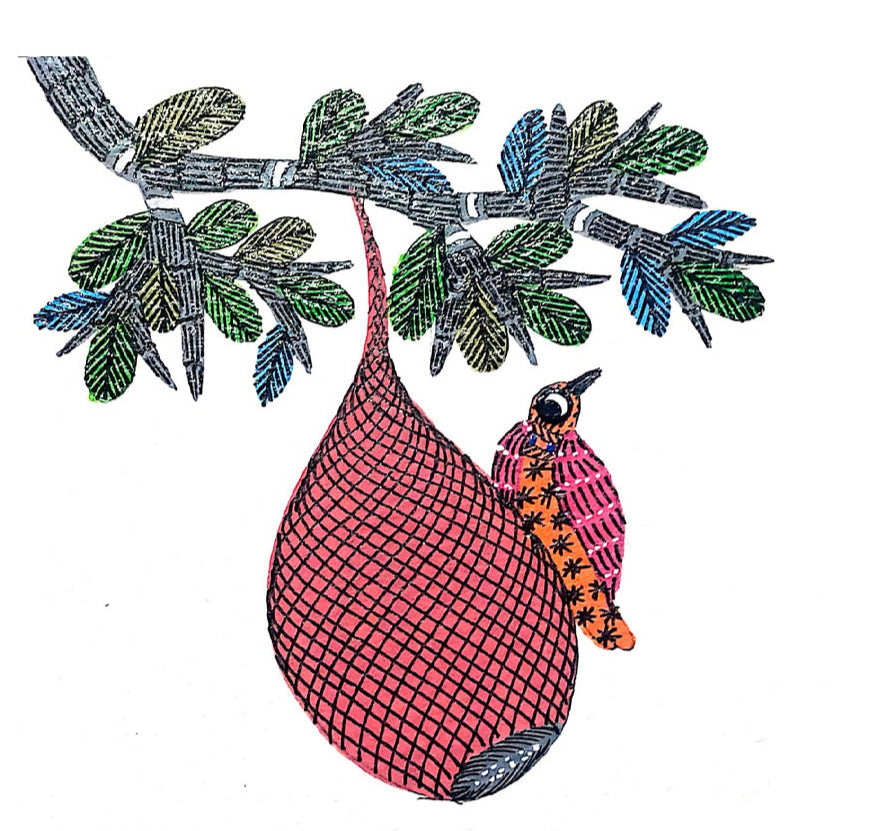 Aerial Haven: The Bird's Suspended Sanctuary Gond Painting by Kailash Pradhan Thumbnail