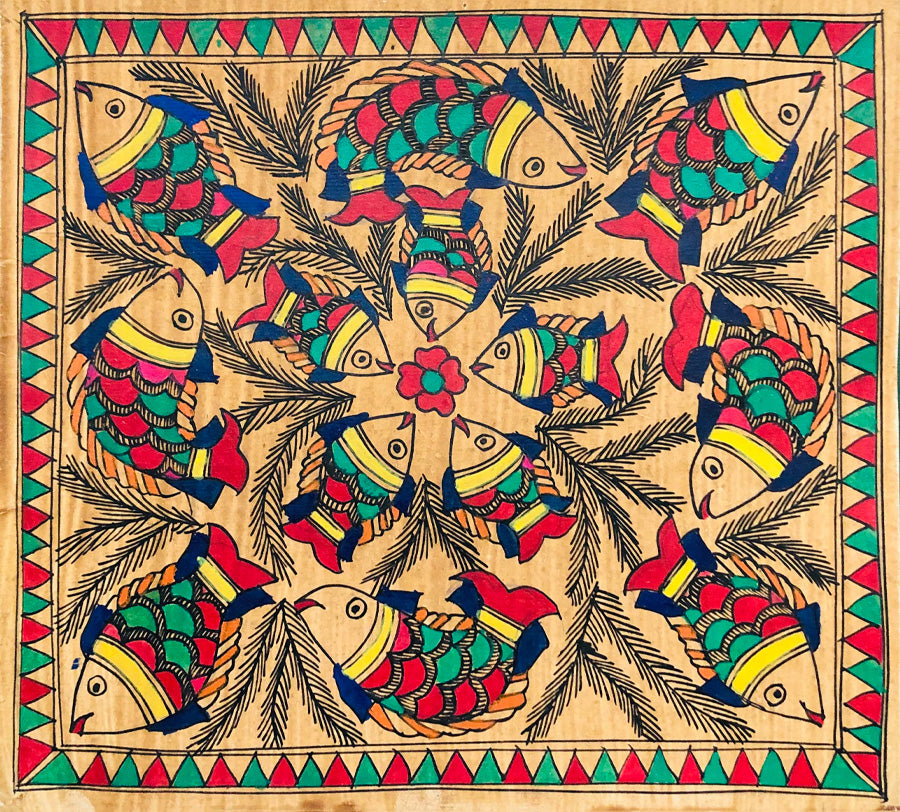 Aqua Bloom: The Vibrant Fish Formation in Madhubani Painting by Ambika Devi Thumbnail