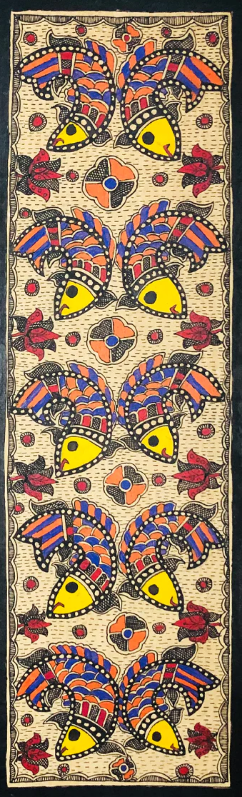 Aqua Harmony: Pairs of Fishes Amidst Lotus Blooms Madhubani Painting by Ambika Devi Thumbnail