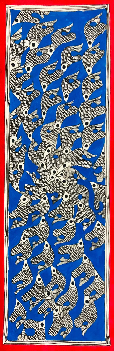 Aqua Symphony Harmony of Swimming Fishes  Madhubani Painting by Ambika Devi Thumbnail