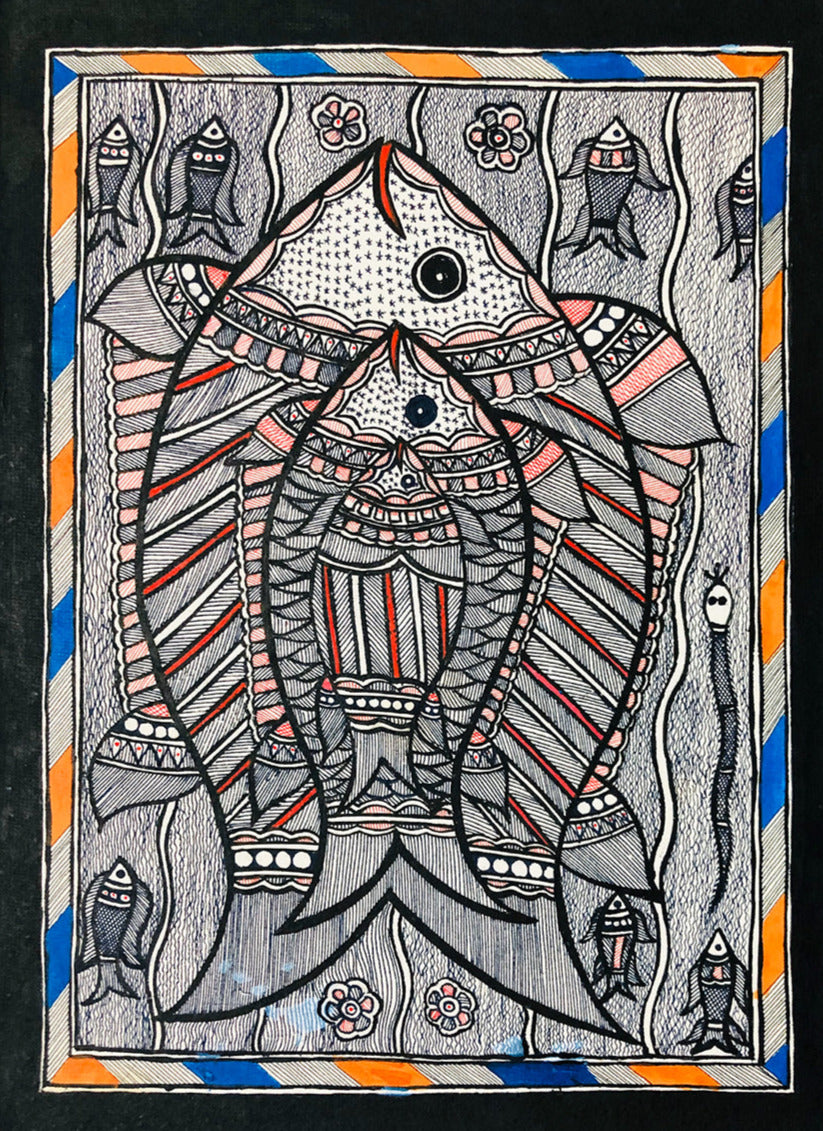 Aquatic Harmony - Captivating Pristine Habitat Madhubani Art by Ambika Devi Thumbnail