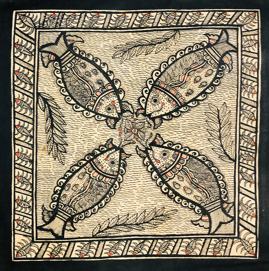 Aquatic Quatret - Serenade in the pond, Madhubani Painting by Ambika Devi Thumbnail