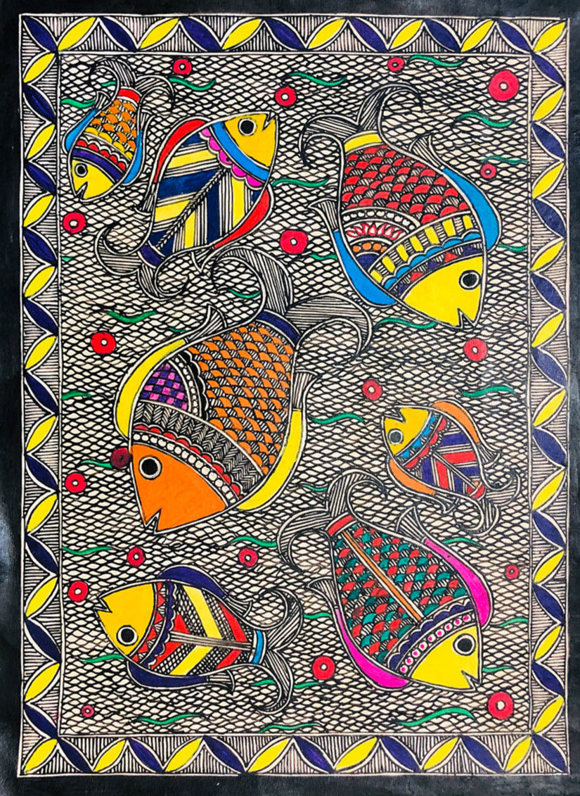 Aquatic symphony- Enchanting Fishes in Madhubani Pond, Madhubani Painting by Ambika Devi Thumbnail