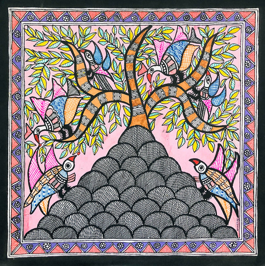 Avian Symphony - A Wild Feathered Chorus, Madhubani Art by Ambika Devi Thumbnail