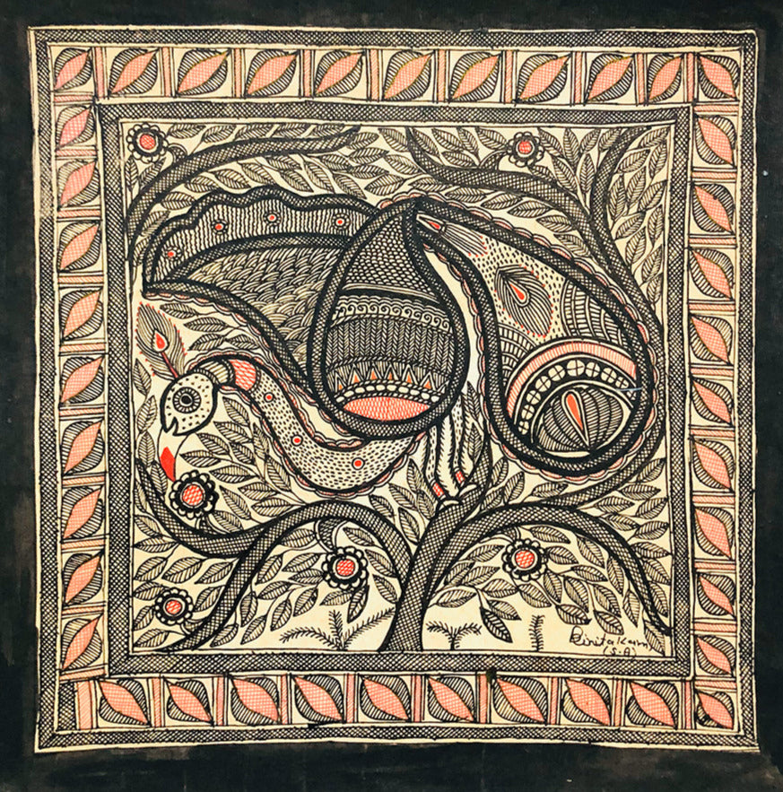 Avian beauty – A tapestry of Madhubani Art, Madhubani Painting by Ambika Devi Thumbnail