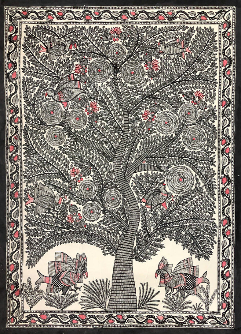 Birds on a tree, Madhubani art by Ambika devi Thumbnail