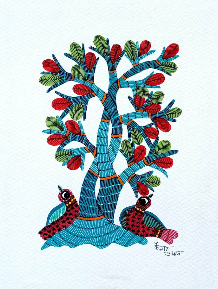 Birds under the Tree in Gond art by Kailash Pradhan Thumbnail