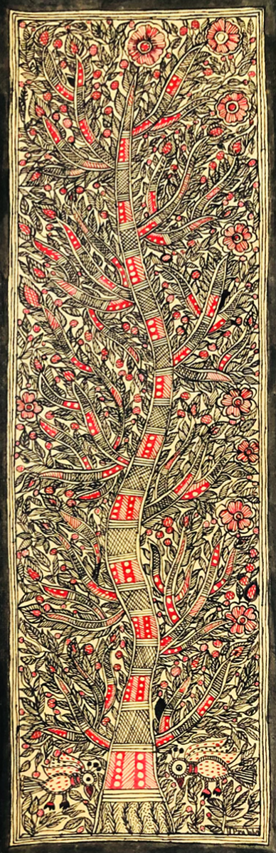 Blossoms of Serenity: Pink Flowers of Madhubani Bliss, Madhubani Painting by Ambika Devi Thumbnail