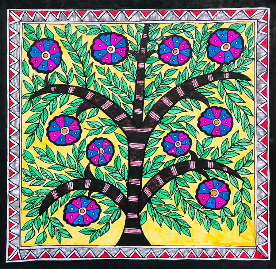Blossoms of Tranquility: A Madhubani Painting of the Blooming Tree by Ambika Devi Thumbnail