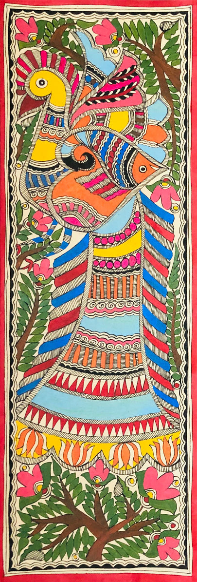 Celestial Companions: Peacock's Plume and the Fish's Tale Madhubani Art by Ambika Devi Thumbnail