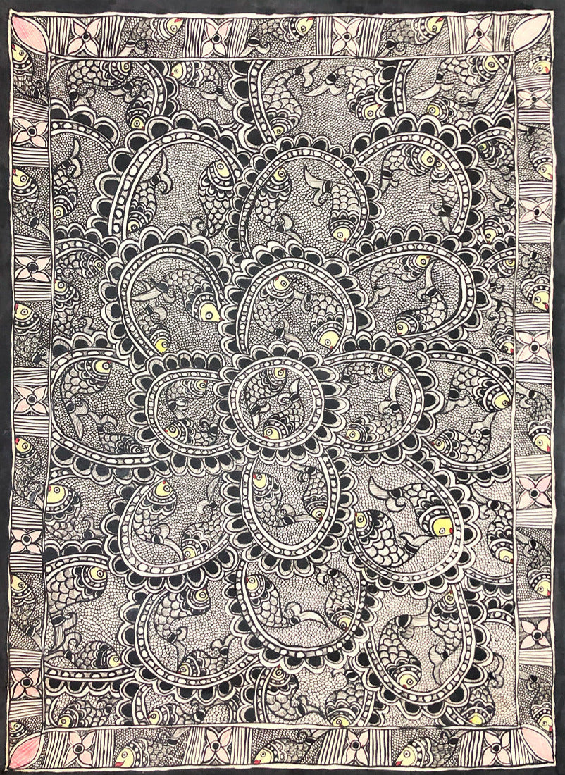 Co-existance in Nature - Fish and Flowers, Madhubani by Ambika devi Thumbnail